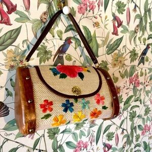 VINTAGE Artisan Floral Boho Wooden tapestry purse large handbag